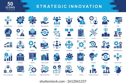 The Strategic Innovation icon set captures core themes like adaptability, transformation, and leadership. Ideal for visualizing business evolution, planning, and long term value creation.