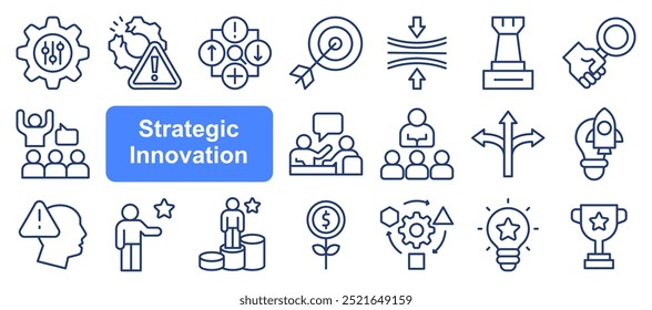 ícone Inovação Estratégica definido. Soluções criativas, Tecnologias disruptivas, Inovação estratégica, Tendências futuras, Vantagem competitiva, Inovação ágil e pensamento de design