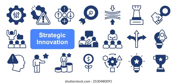 Conjunto de iconos de innovación estratégica. Soluciones Creativas, Tecnologías Disruptivas, Innovación Estratégica, Tendencias Futuras, Ventaja Competitiva, Innovación Ágil y Pensamiento de Diseño
