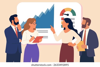 Strategic Insights: Colleagues in a professional setting, analyzing complex data displayed on a presentation board to generate impactful business decisions.