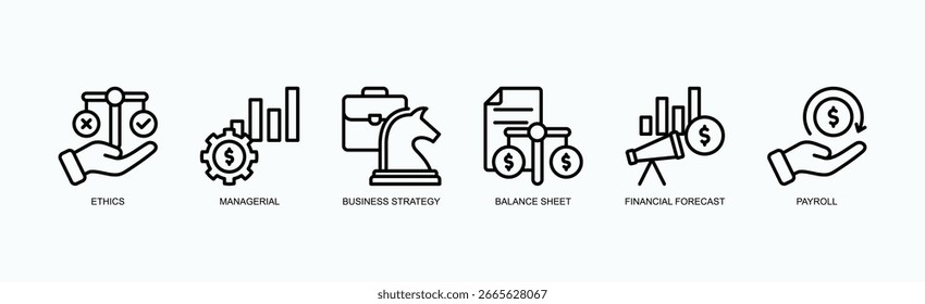 Conjunto De Íconos De Integridad Estratégica Concepto De Ilustración vectorial Aislado Con Ícono De Ética, Gerencial, Estrategia De Negocio, Balance General, Previsión Financiera, Nómina, En Estilo De Esquema