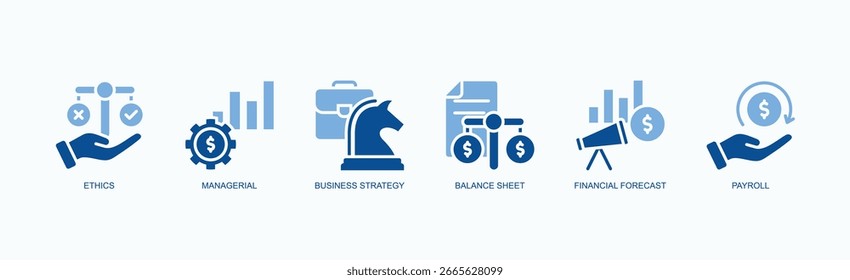Conjunto De Iconos De Integridad Estratégica Concepto De Ilustración vectorial Aislado Con Icono De Ética, Gerencial, Estrategia De Negocio, Balance General, Previsión Financiera, Nómina, En Estilo De Glifo De Dos Colores