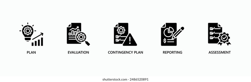 Strategic Management Banner Web Icon Vector Illustration Concept With Icon Of Plan, Evaluation, Contingency Plan, Reporting, Assessment