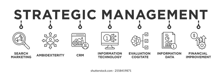 Strategic Management banner web icon vector illustration concept with icon of Search Marketing , CRM, Information Technology, Evaluation Cogitate, Information Data, Financial Improvement