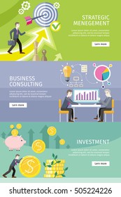 Strategic management, business consulting, investment vector web banners. Increasing capital and profits. Success planning and expected development. Expert informational support of business.