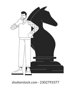 Strategic management bw concept vector spot illustration. Chess move 2D cartoon flat line monochromatic character for web UI design. Content marketing strategy editable isolated outline hero image