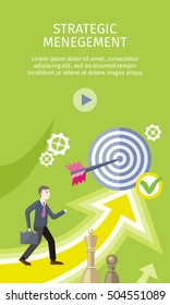 Strategic management concept flat style vector. Businessman with briefcase, arrow in target, chess figures, gears illustrations. Success planning and expected development. Wealth and savings growing.
