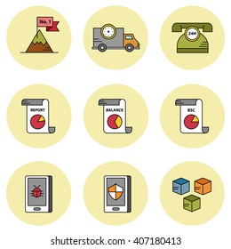 Strategic management and cyber security vector icon set 