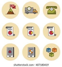  Strategic management and cyber security vector icon set 