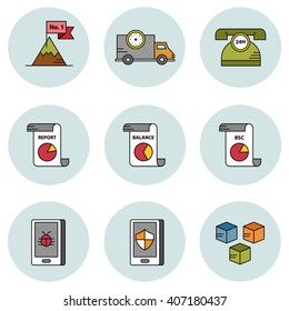 Strategic management and cyber security vector icon set 