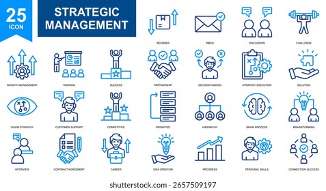 Coleção de conjuntos de ícones do Strategic Management and Development. Cor de linha simples