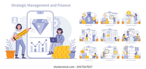 Strategic Management and Finance set. Diverse business scenarios including profit generation, risk, investment, planning, and governance. Corporate financial strategies in action. Vector illustration.