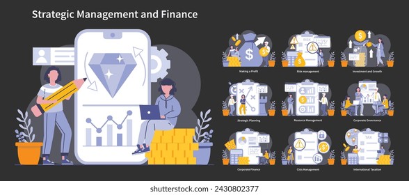 Strategic Management and Finance set. Diverse business scenarios including profit generation, risk, investment, planning, and governance. Corporate financial strategies in action. Vector illustration.