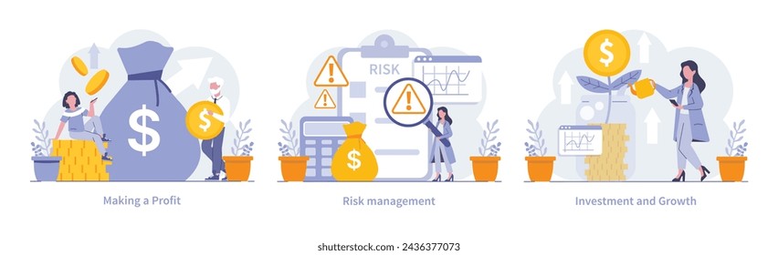 Strategic Management and Finance set. Visualizing financial success, managing uncertainties, and nurturing capital investment. Key elements of fiscal strategy. Vector illustration.