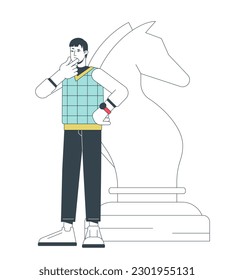 Ilustración del vector del concepto de línea plana de gestión estratégica. Carácter de contorno de dibujos animados 2D para movimiento de ajedrez en blanco para diseño de interfaz de usuario web. Estrategia de marketing de contenido editable imagen de héroe de color aislado