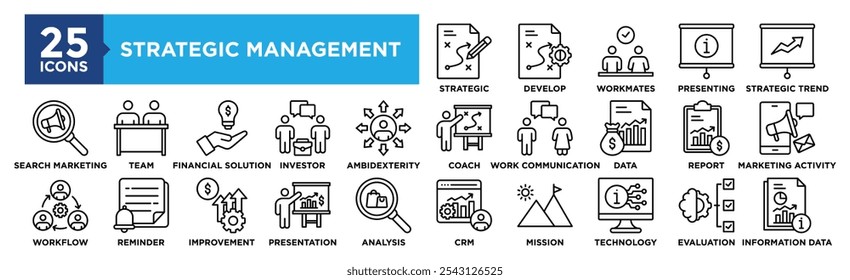 Conjunto de coleta de ícones do Strategic Management. Contendo o planejamento estratégico do projeto, desenvolver a estratégia, verificar os colegas de trabalho, apresentar informações, tendência estratégica