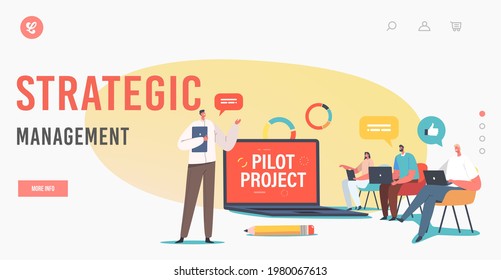 Strategic Management Landing Page Template. Business Characters Discussing Pilot Project at Focus Group Meeting in Conference Room. Employees Work Together. Cartoon People Vector Illustration