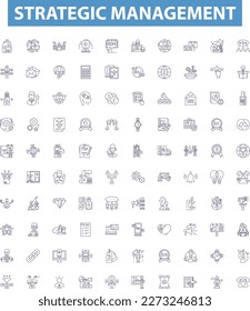 Strategic management line icons, signs set. Planning, Executing, Reviewing, Strategy, Competitiveness, Vision, Decision Making, Goals, Prioritizing outline vector illustrations.