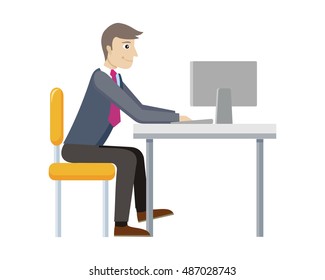 Strategic management manager working at computer isolated. Worker in office. Strategic planning, marketing, thinking, vision, business strategy, marketing and planning, finance. Vector illustration