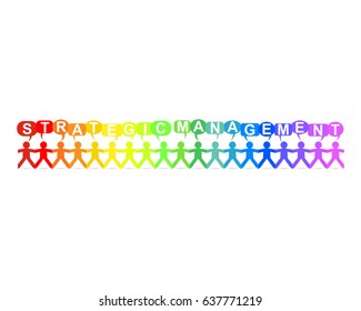 Strategic management word in speech bubbles with cut out paper people chain in rainbow colors
