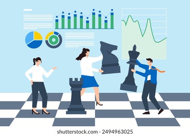 Strategic market moves, competitive analysis, data-driven decision-making, planning for business success concept vector illustration. Team of analysts playing chess with financial pieces