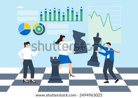 Strategic market moves, competitive analysis, data-driven decision-making, planning for business success concept vector illustration. Team of analysts playing chess with financial pieces