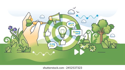 Strategic messaging or effective communication planning outline hands concept. Talking with customers to achieve business goals vector illustration. Marketing and social media advertisement strategy.