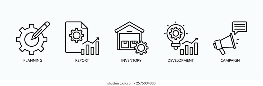 Strategic Milestones Icon Set Isolated Vector With Icon Of Planning, Report, Inventory, Development, Campaign In Outline Style