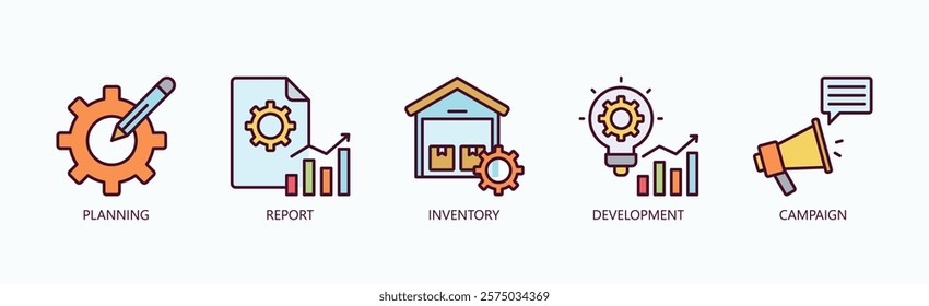 Strategic Milestones Icon Set Isolated Vector With Icon Of Planning, Report, Inventory, Development, Campaign In Outline Color Style