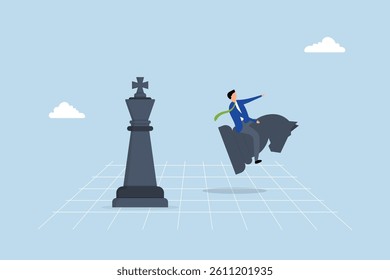 Strategic move, businessman riding chess knight lead team to win chess victory.