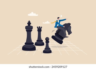 Strategic move, leadership to lead team with strategy, challenge to success, courage and confidence to win business competition concept, businessman riding chess knight lead team to win chess victory.