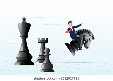 Strategic move, leadership to lead team with strategy, challenge to success, courage and confidence to win business competition concept, businessman riding chess knight lead team to win chess victory