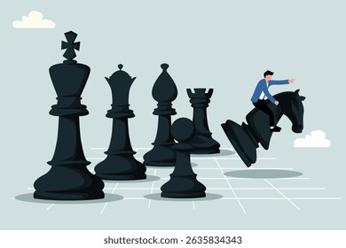 Movimentos estratégicos, liderança para liderar a equipe com estratégia, empreendedores andando a cavalo de xadrez liderando a equipe para ganhar vitórias no xadrez.