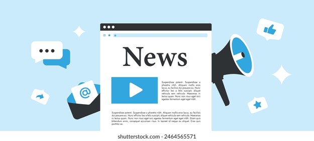 Strategic news article marketing concept for MarTech content, advertising news, social media strategy. Brand presence with press releases, article publication. Horizontal header vector illustration