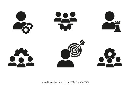 Strategic Objective Silhouette Icons Set. Efficiency Teamwork and Cooperation Glyph Pictogram Collection. Entrepreneur Target Solid Sign. Management Symbol Collection. Isolated Vector Illustration.