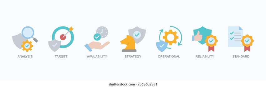 Strategic Operational Reliability Icon Set Isolated Vector Illustration Concept With Icon Of Analysis, Target, Availability, Strategy, Operational, Reliability, Standard In Outline Color Style