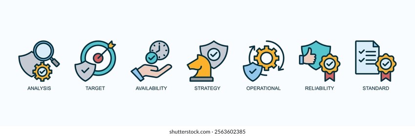 Strategic Operational Reliability Icon Set Isolated Vector Illustration Concept With Icon Of Analysis, Target, Availability, Strategy, Operational, Reliability, Standard In Blue Style