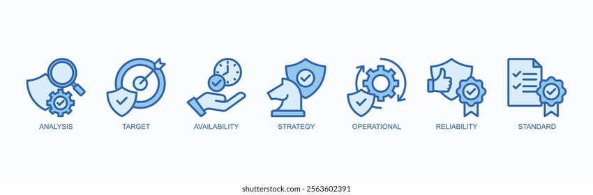 Strategic Operational Reliability Icon Set Isolated Vector Illustration Concept With Icon Of Analysis, Target, Availability, Strategy, Operational, Reliability, Standard In Flat Style