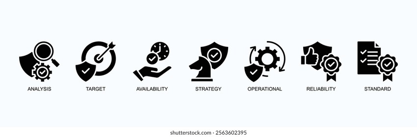 Strategic Operational Reliability Icon Set Isolated Vector Illustration Concept With Icon Of Analysis, Target, Availability, Strategy, Operational, Reliability, Standard In Glyph Style