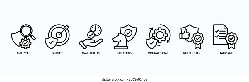 Strategic Operational Reliability Icon Set Isolated Vector Illustration Concept With Icon Of Analysis, Target, Availability, Strategy, Operational, Reliability, Standard In Outline Style