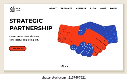 Strategic partnership, handshake gesture concept. Teamwork, brainstorming, joint search for creative strategy. Business web page template. Partners shaking hands after signing contract agreement