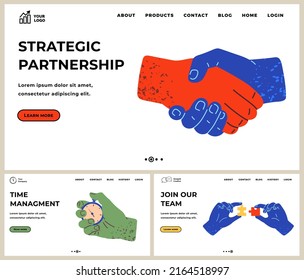 Strategic partnership, handshake gesture concept. Teamwork, time management, joint our team, creative strategy. Business web page template. Partners shaking hands after signing contract agreement