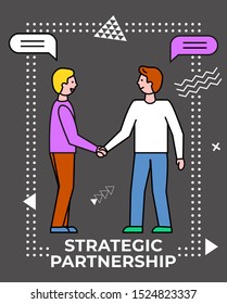 Strategic partnership, successful meeting of characters. Colleagues at work handshake of coworkers. People talking about business opportunities. Abstract shapes geometric figures vector in flat style