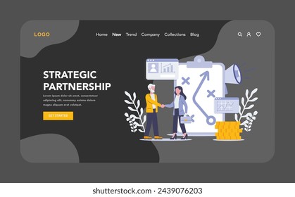 Strategic Partnerships night or dark mode web or landing page. Forging alliances in business for mutual growth and innovation. Collaborative success in the digital era. Vector illustration.