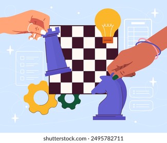 Strategic plan concept. Hands with chess pieces near board. Intellectual and logical game. Business strategy and plan. Workflow organization and planning. Flat vector illustration