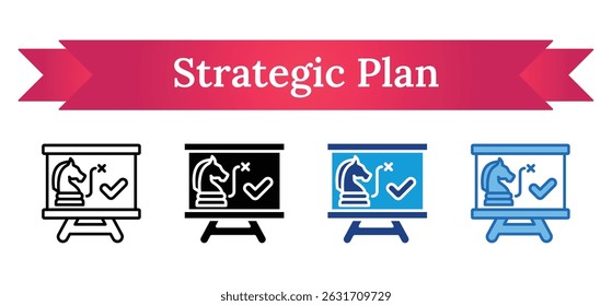 Strategic Plan - Outline, Glyph Silhouette, Dual Tone, Blue Fill Icon - chess knight on a presentation board with strategy marks, representing long-term planning and tactics
