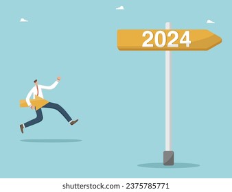 Strategic planning to achieve success in new year 2024, direction of development and looking into future, setting business goals for coming year, man runs along the signpost to the new year 2024.