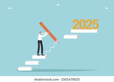 Strategic planning for achieving success in new year 2025, creative approach to solving unfinished business in outgoing year, setting business goals for coming year, man drawing missing steps to 2025.