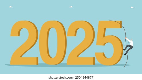 Strategic planning for achieving success in new year 2025, creative approach to solving unfinished business in outgoing year, setting business goals for coming year, man climbs rope to 2025.