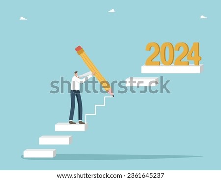 Strategic planning for achieving success in new year 2024, creative approach to solving unfinished business in outgoing year, setting business goals for coming year, man drawing missing steps to 2024.